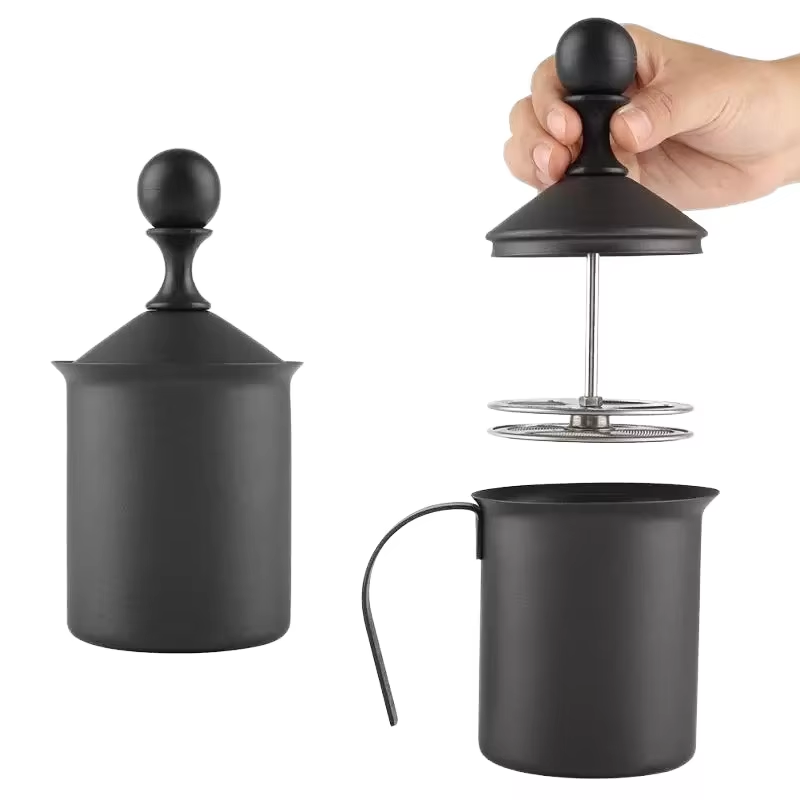 UrbanFlair Coffee manual milk frother with double mesh filter exploded view – barista foam without electricity