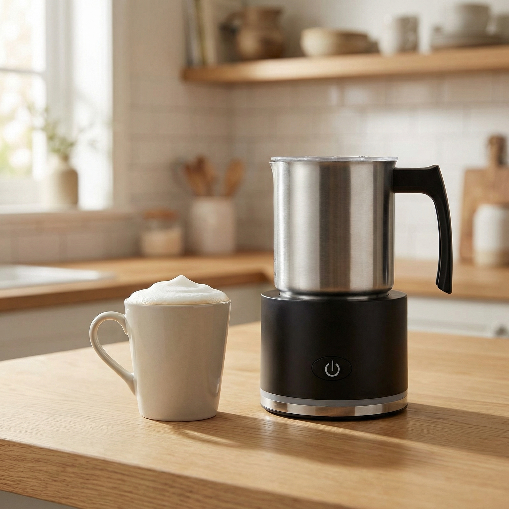 Electric milk frother heating creamy foam next to coffee cup in modern kitchen – barista-style milk steamer UrbanFlair Coffee