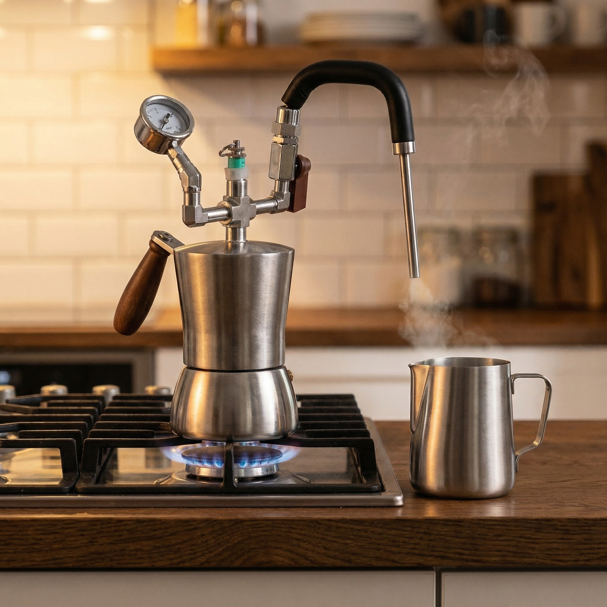 Stovetop steam milk frother on gas burner producing creamy microfoam for café-style beverages – UrbanFlair Coffee