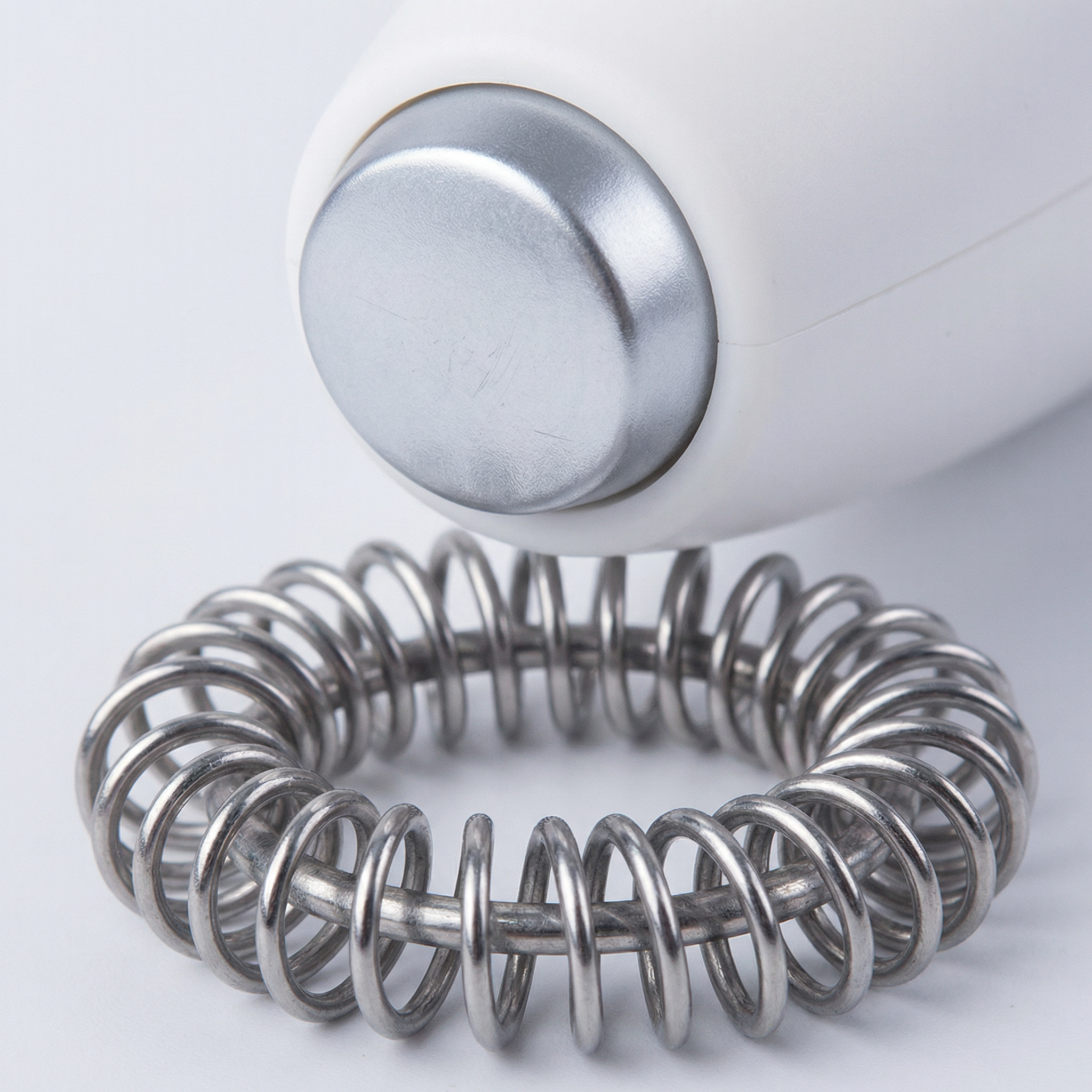 Compact handheld milk frother on wooden surface next to latte in cozy kitchen – instant foam for cappuccino and latte UrbanFlair Coffee