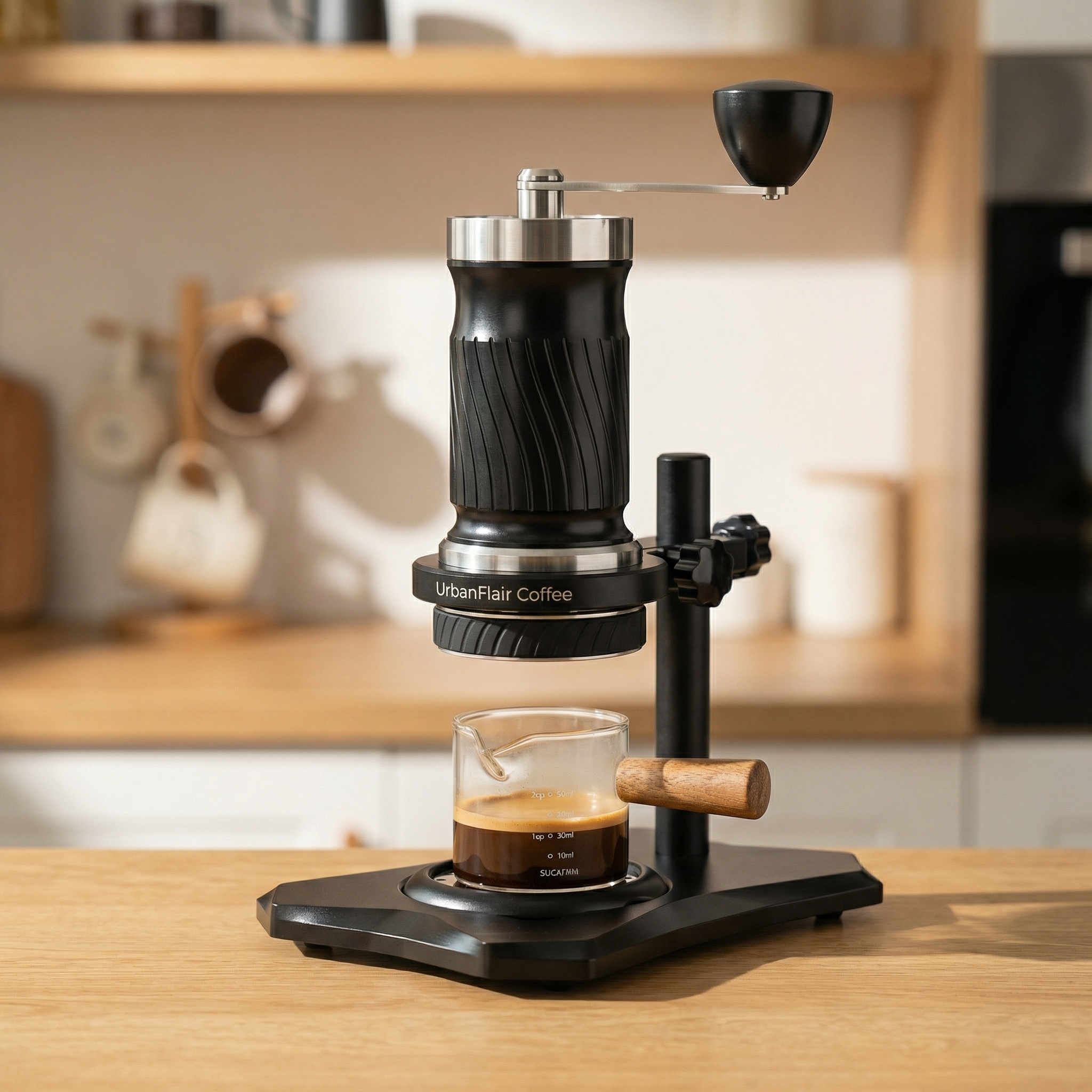 Portable manual espresso maker on countertop brewing espresso – UrbanFlair Coffee